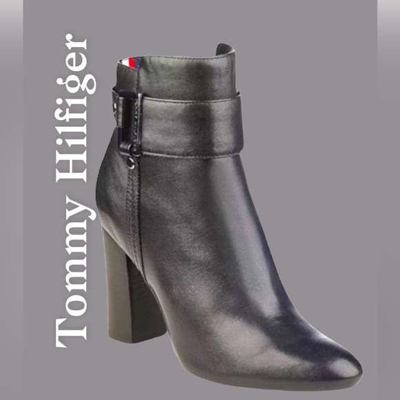 🛑BOGO🆕Tommy Hilfiger Black Leather Ankle Boot - Picture 1 of 8